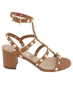 Valentino Rockstud City Leather Sandal | Brown with Gold Studs