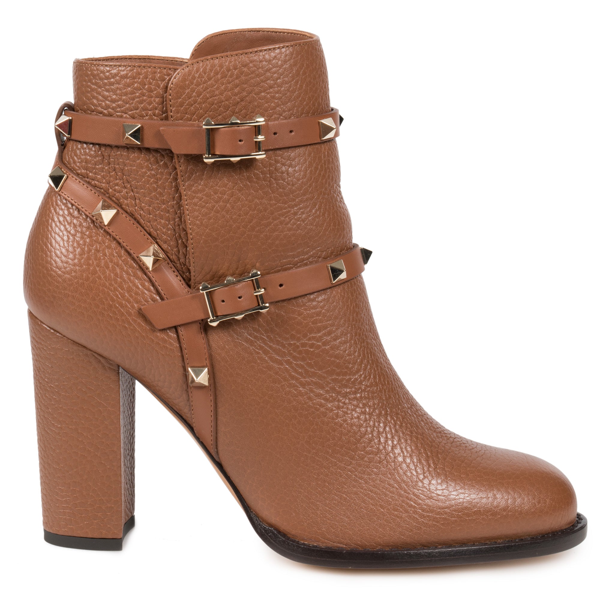 Valentino Brown Grained Calfskin Leather Rockstud Booties