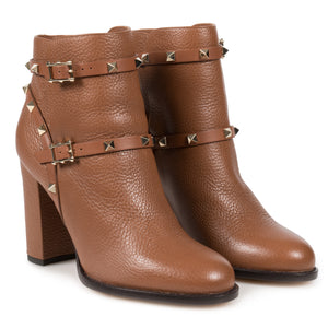 Valentino Brown Grained Calfskin Leather Rockstud Booties