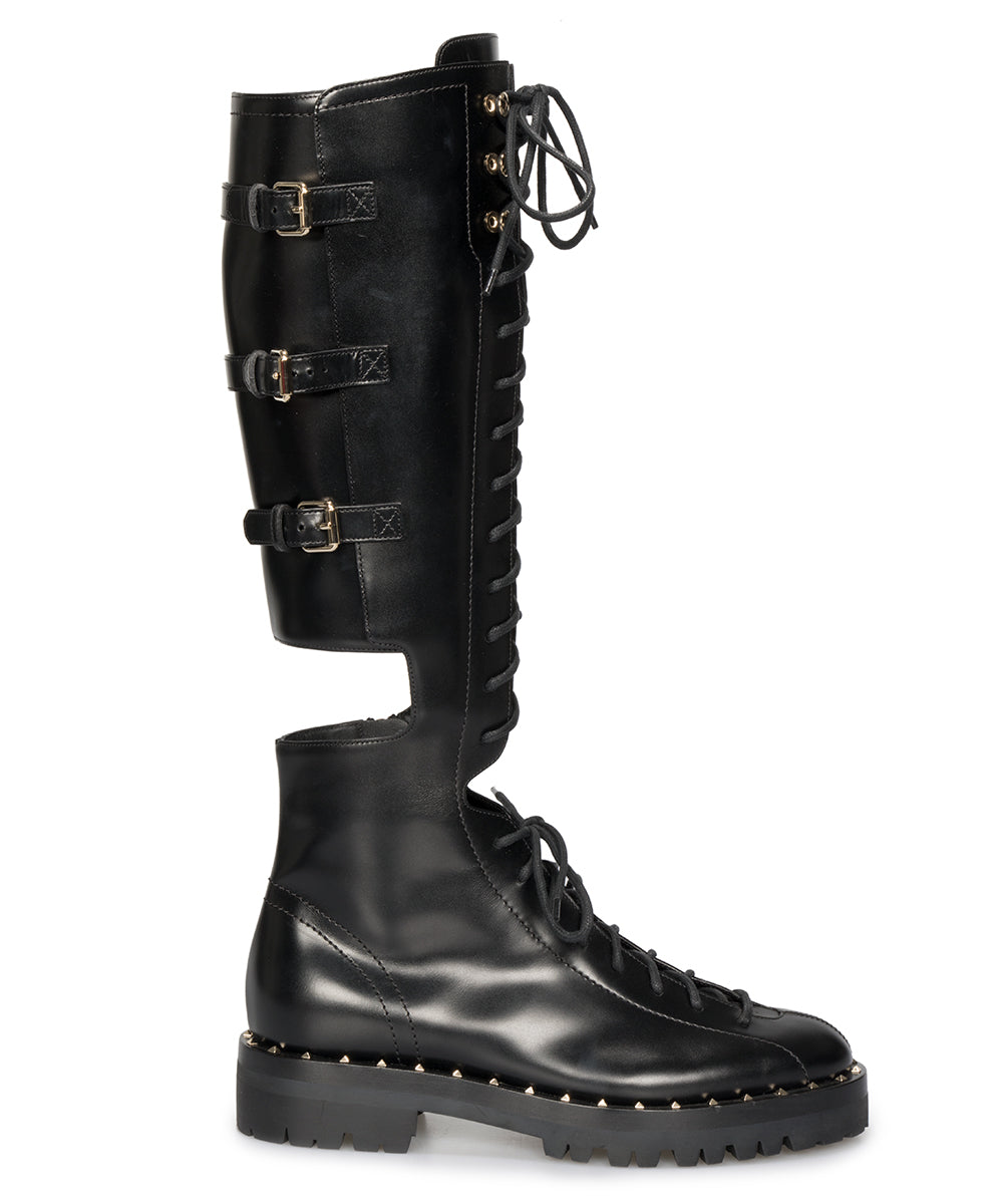 Valentino Rockstud Knee-High Cutout Boots in Black